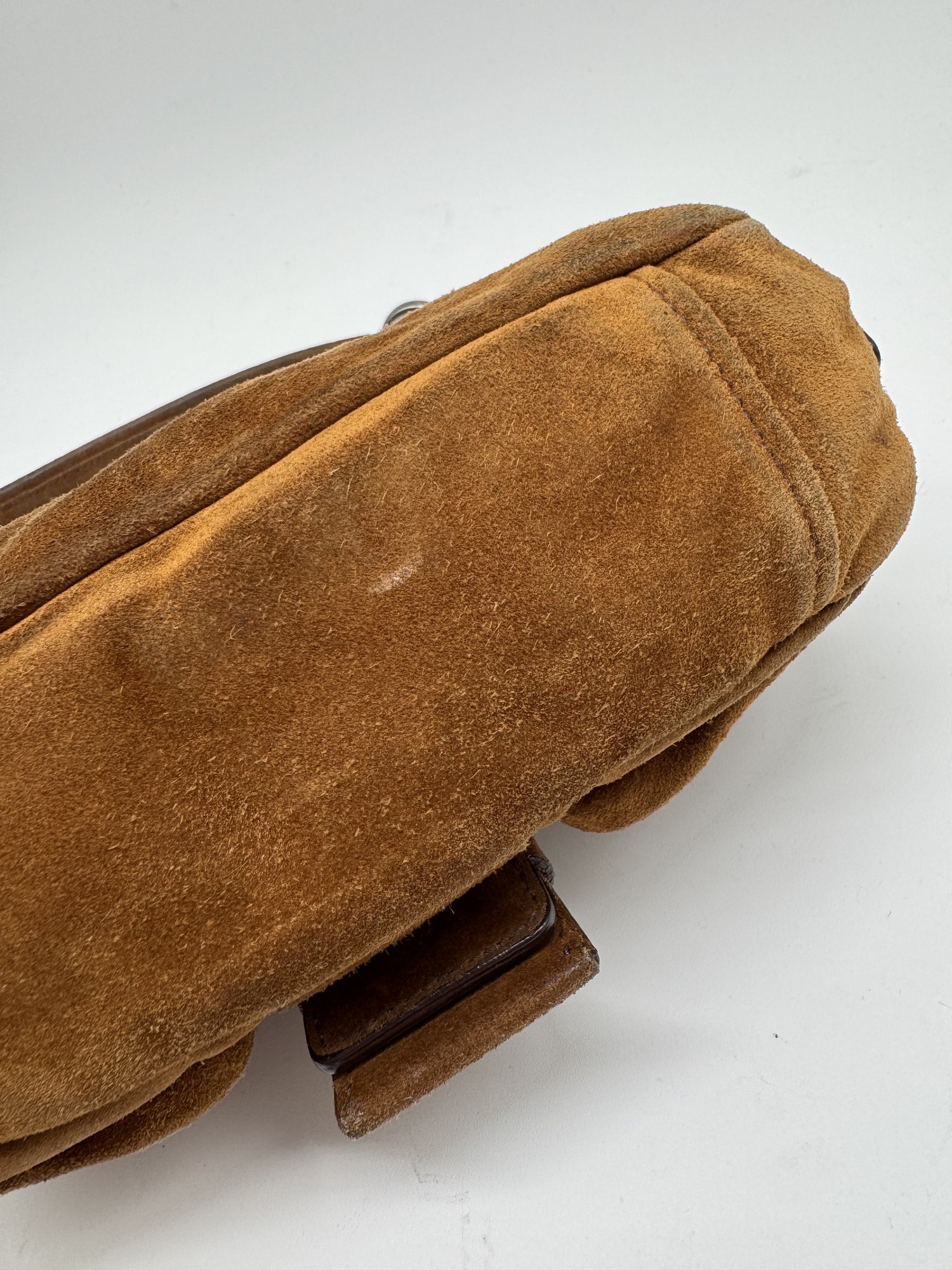 Prada Brown Suede Grommet Buckle Shoulder Bag