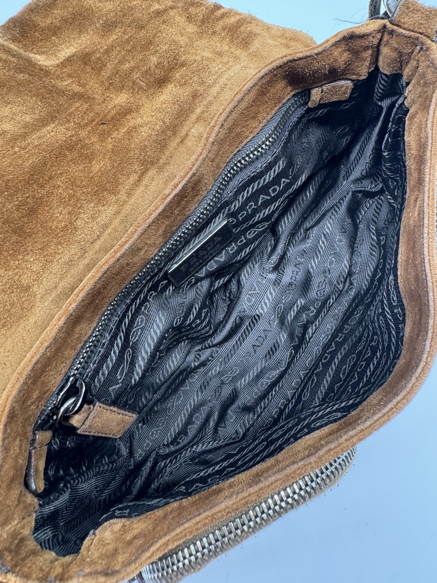Prada Brown Suede Grommet Buckle Shoulder Bag