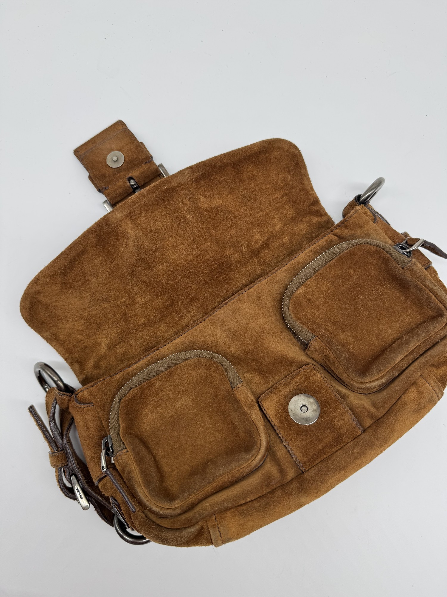 Prada Brown Suede Grommet Buckle Shoulder Bag