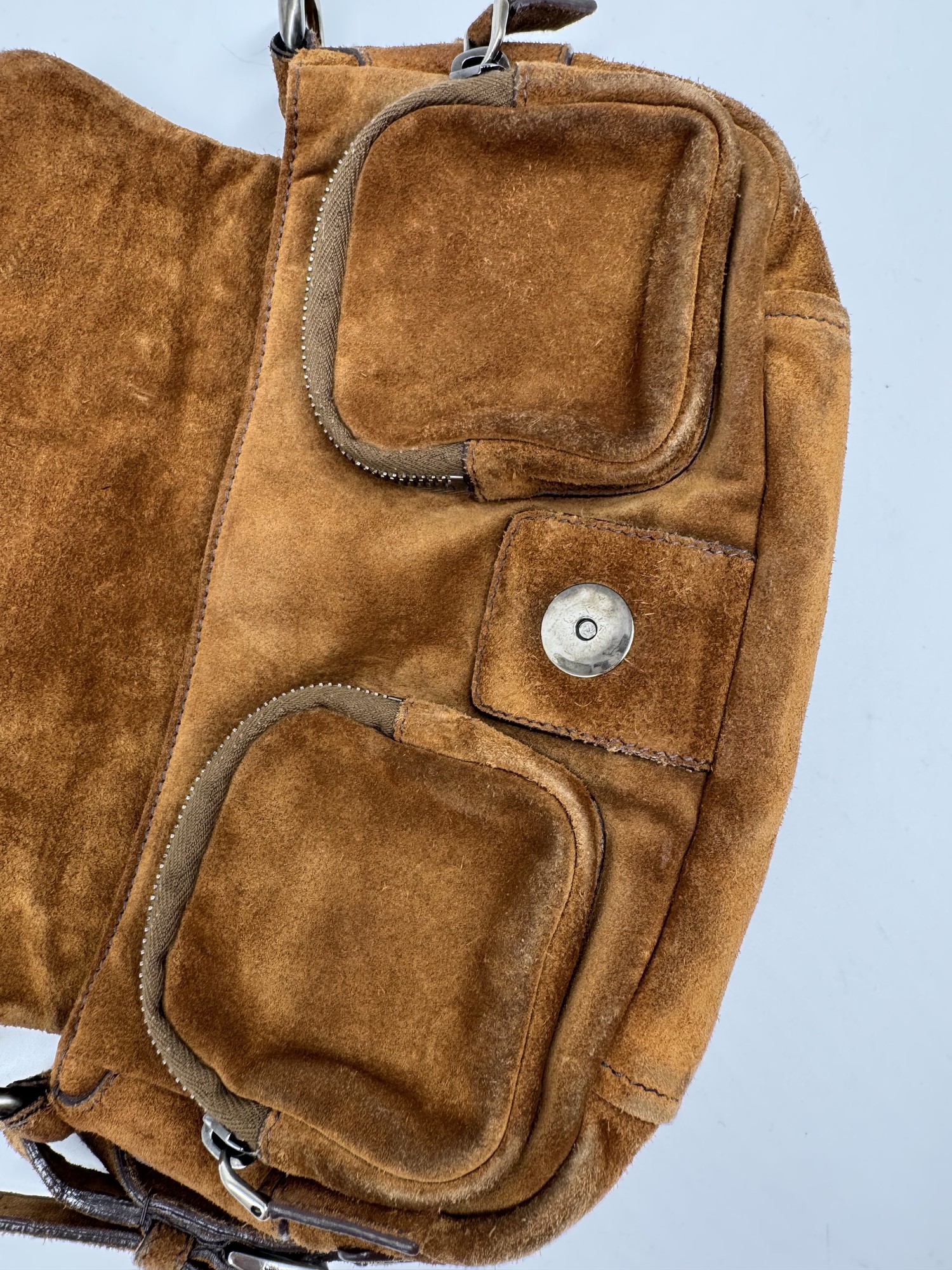 Prada Brown Suede Grommet Buckle Shoulder Bag
