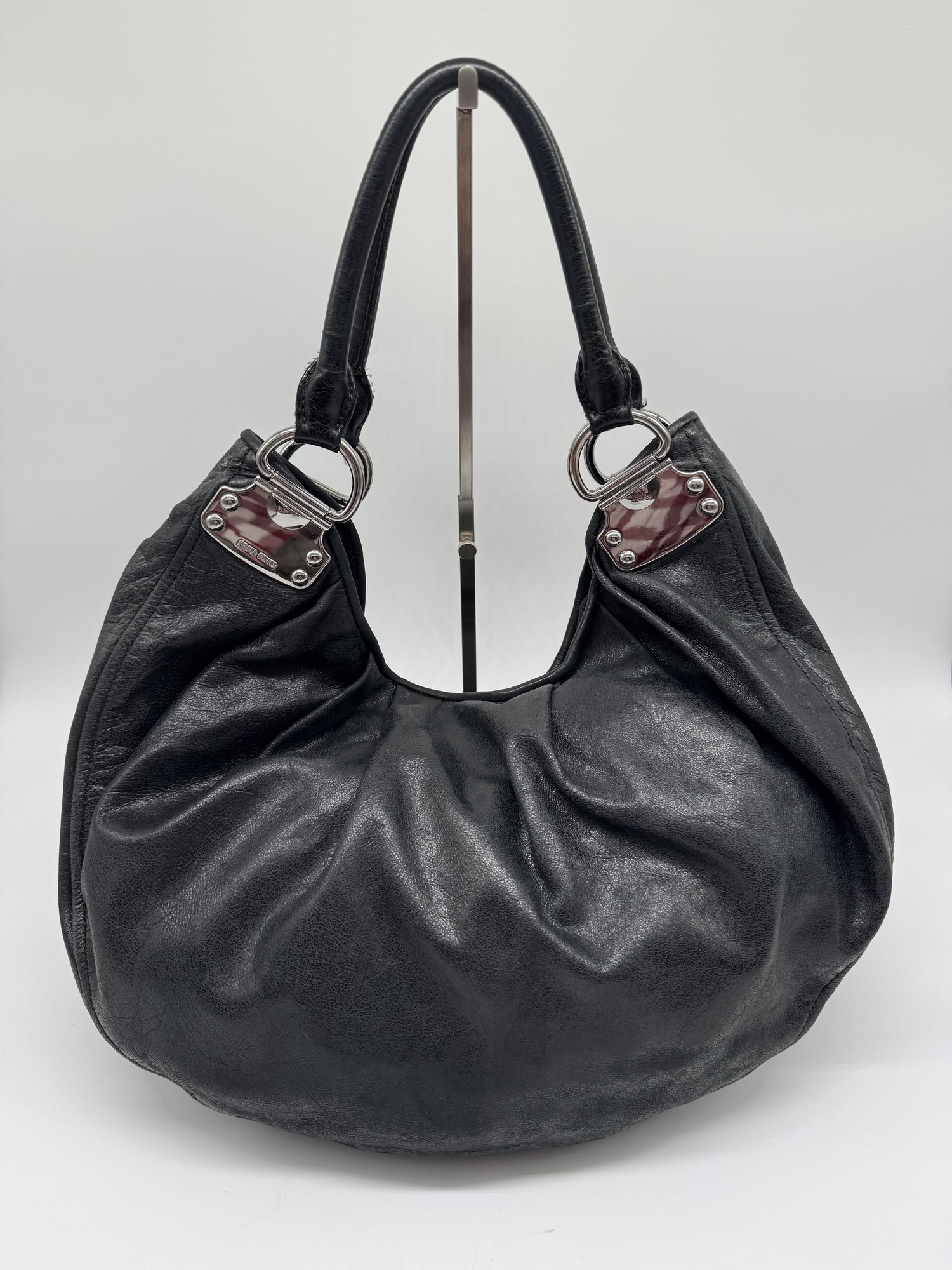 Miu Miu Vitello Black Leather Slouchy Hobo Bag