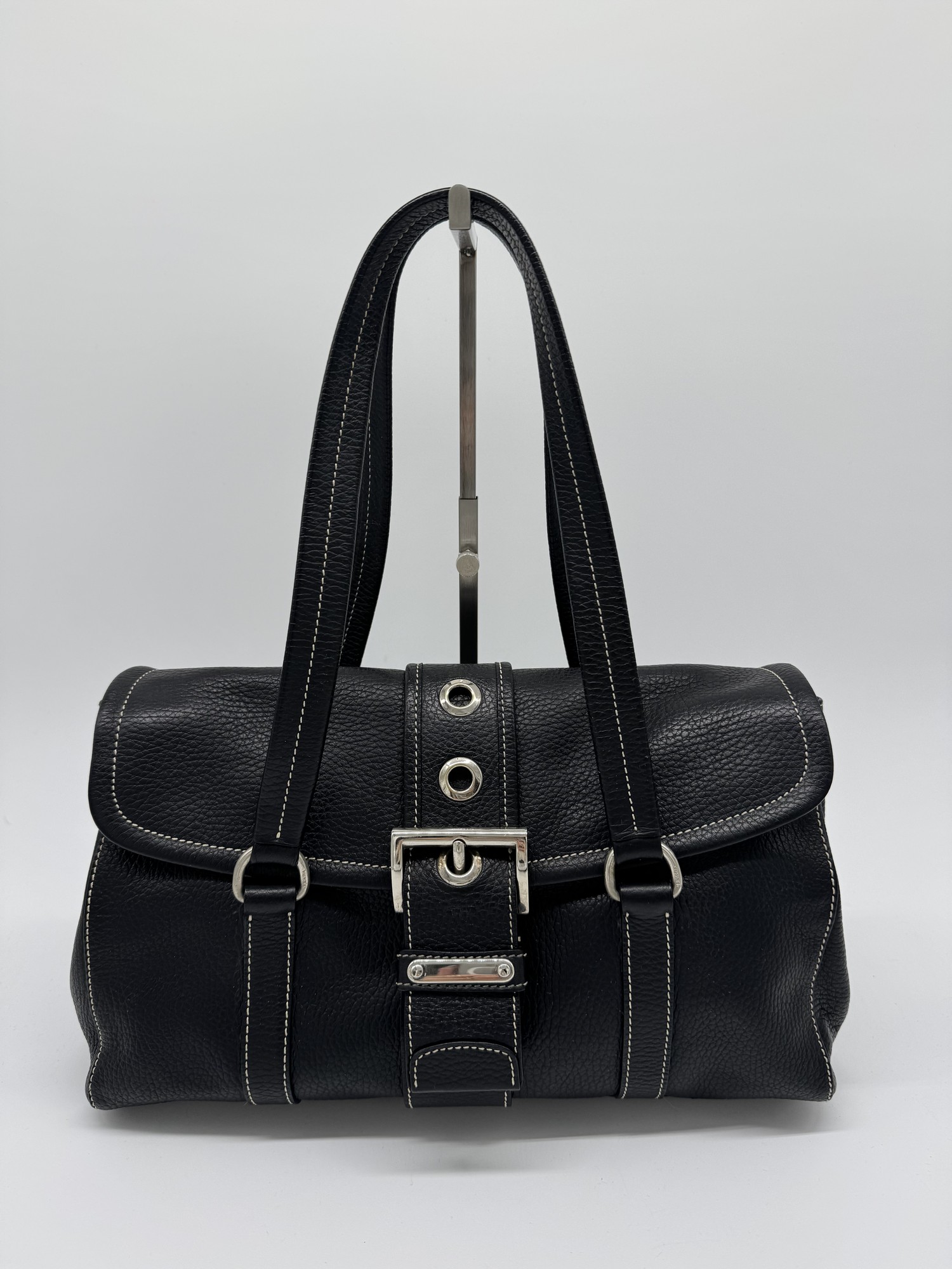 Prada Black Cervo Leather Buckle Grommet Shoulder Bag