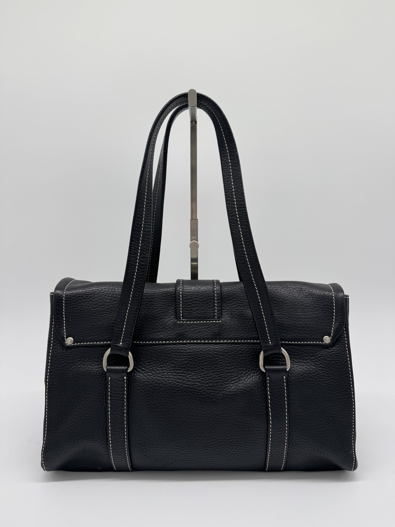 Prada Black Cervo Leather Buckle Grommet Shoulder Bag