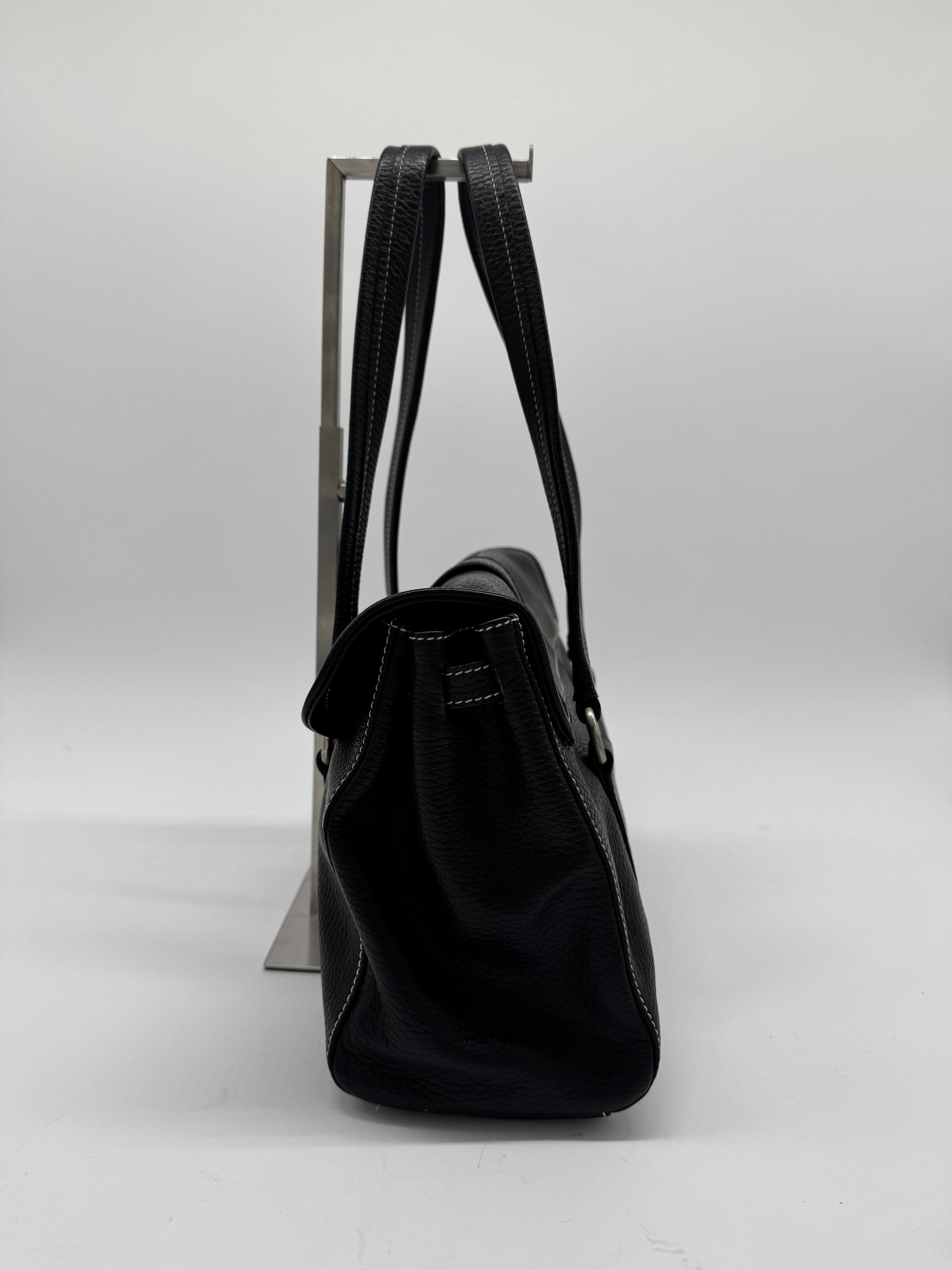 Prada Black Cervo Leather Buckle Grommet Shoulder Bag