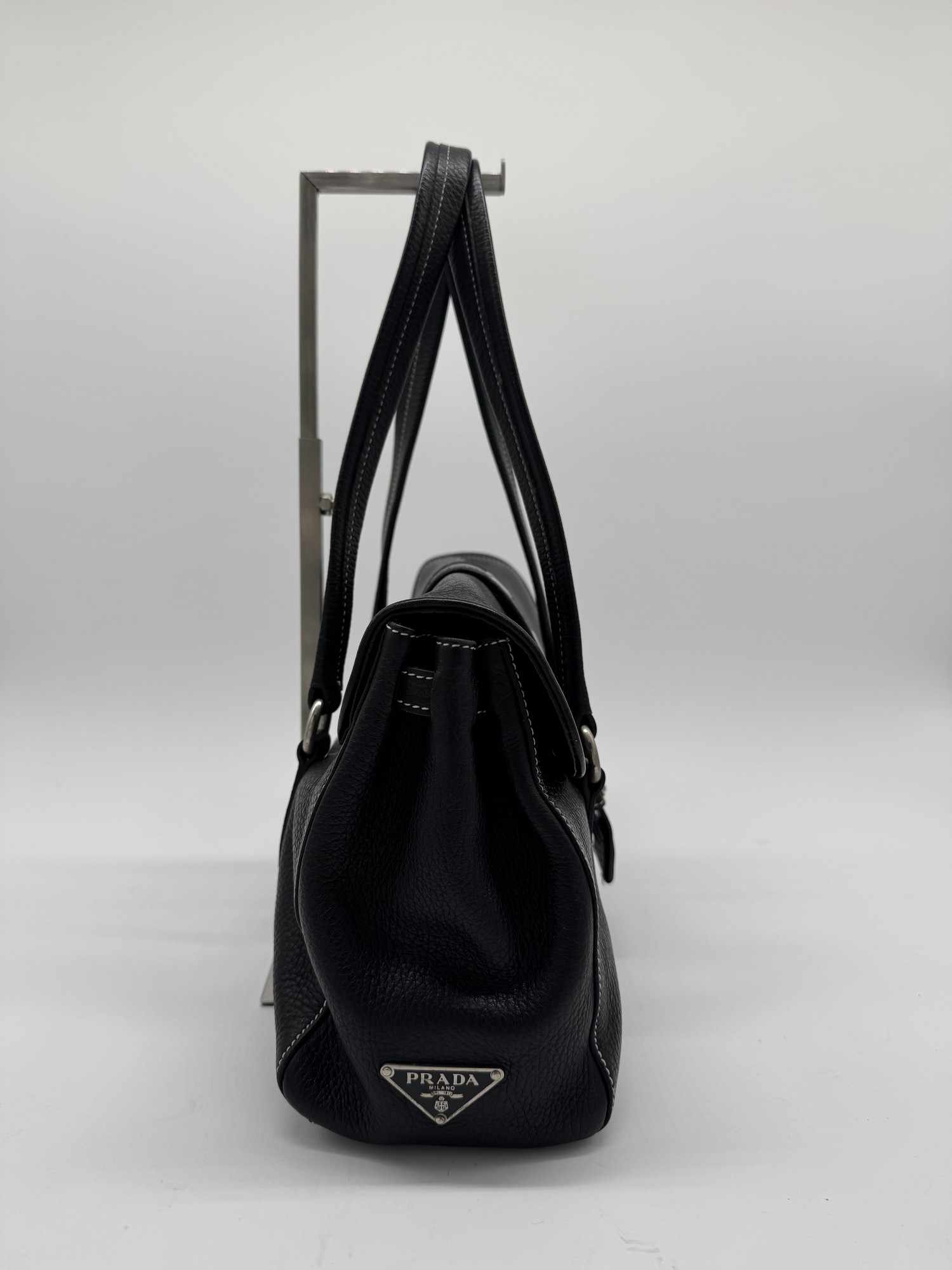 Prada Black Cervo Leather Buckle Grommet Shoulder Bag