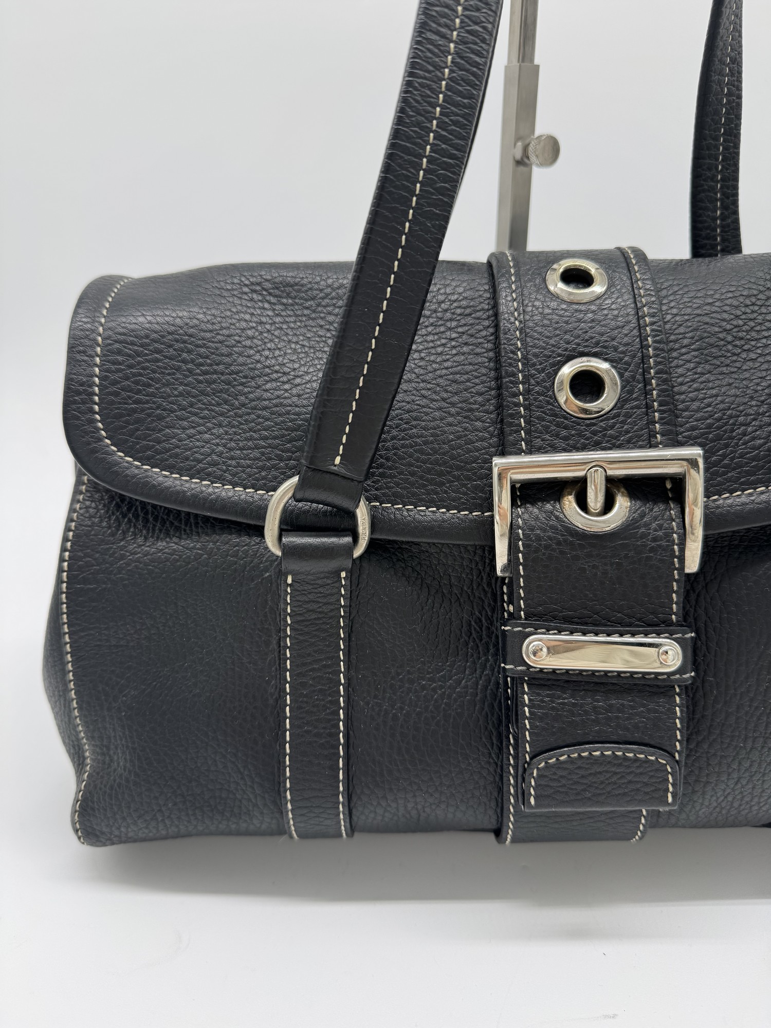 Prada Black Cervo Leather Buckle Grommet Shoulder Bag
