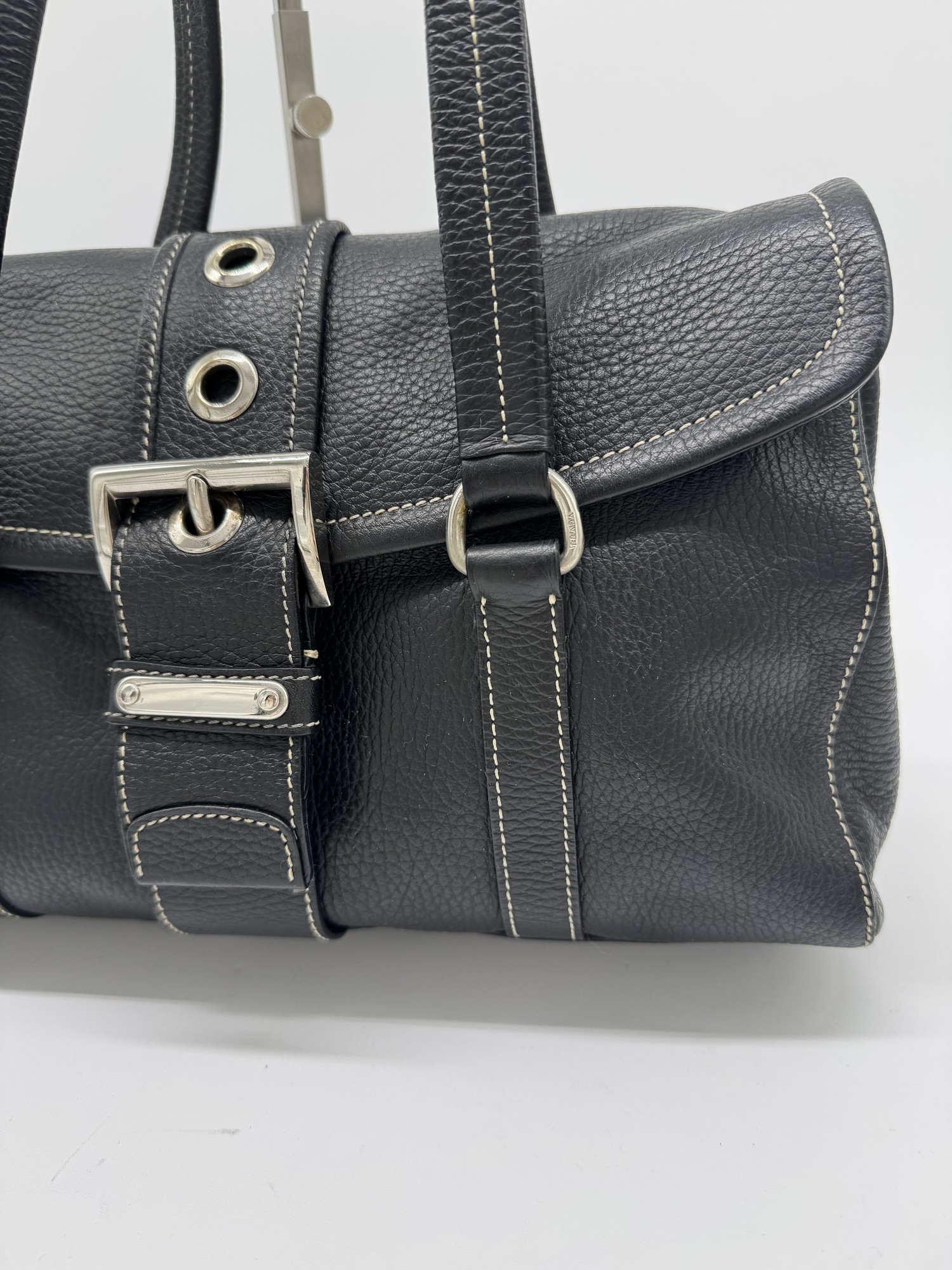 Prada Black Cervo Leather Buckle Grommet Shoulder Bag