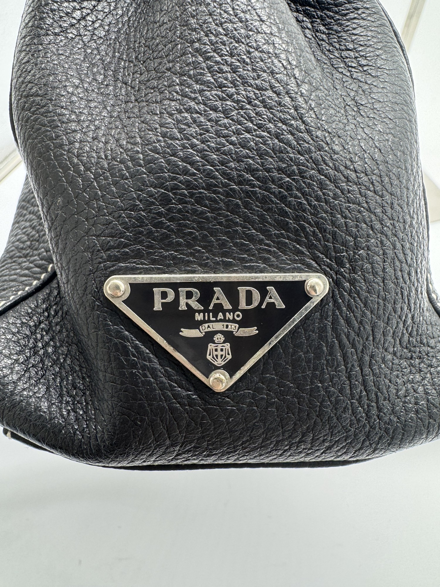 Prada Black Cervo Leather Buckle Grommet Shoulder Bag