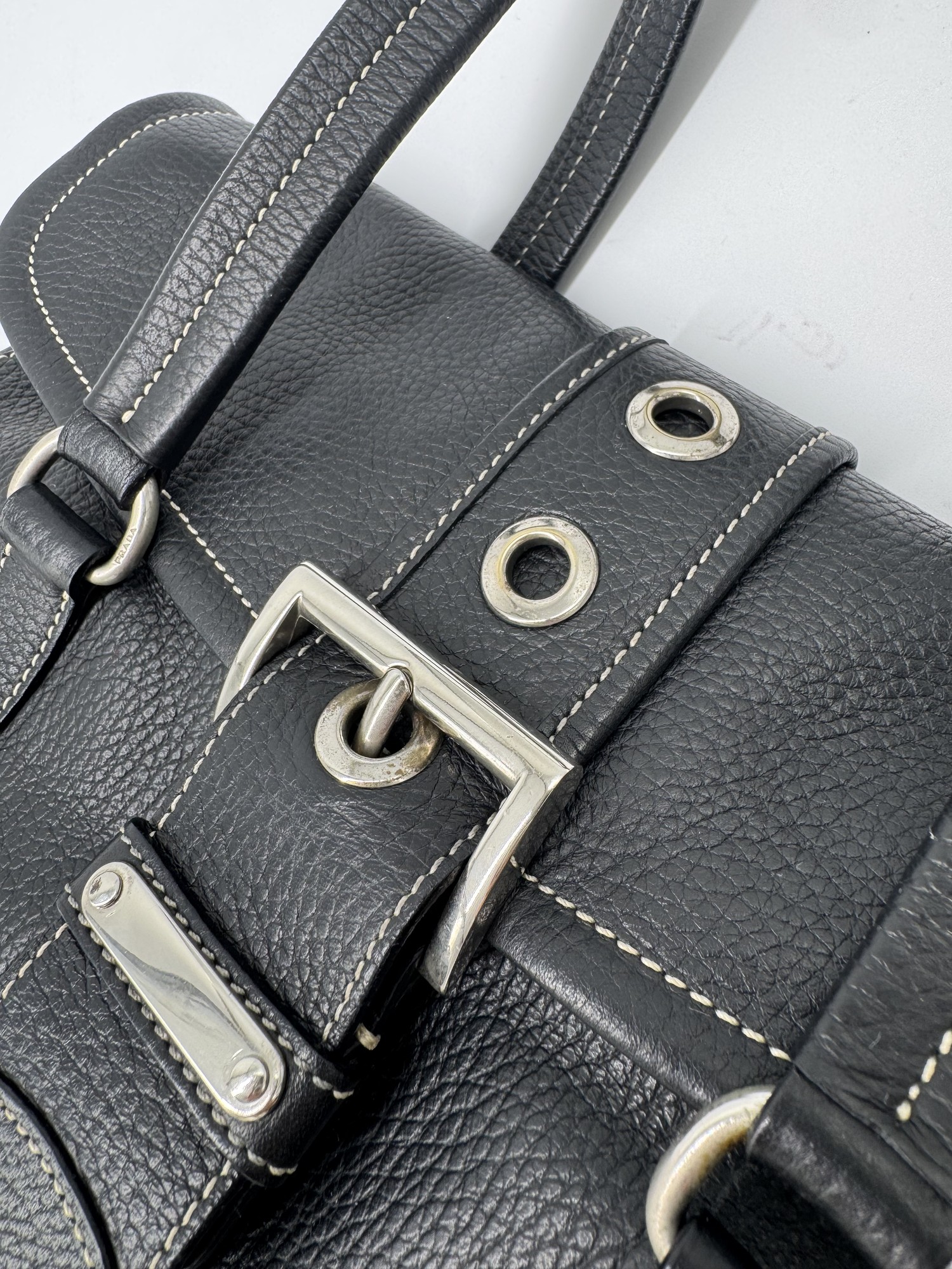 Prada Black Cervo Leather Buckle Grommet Shoulder Bag