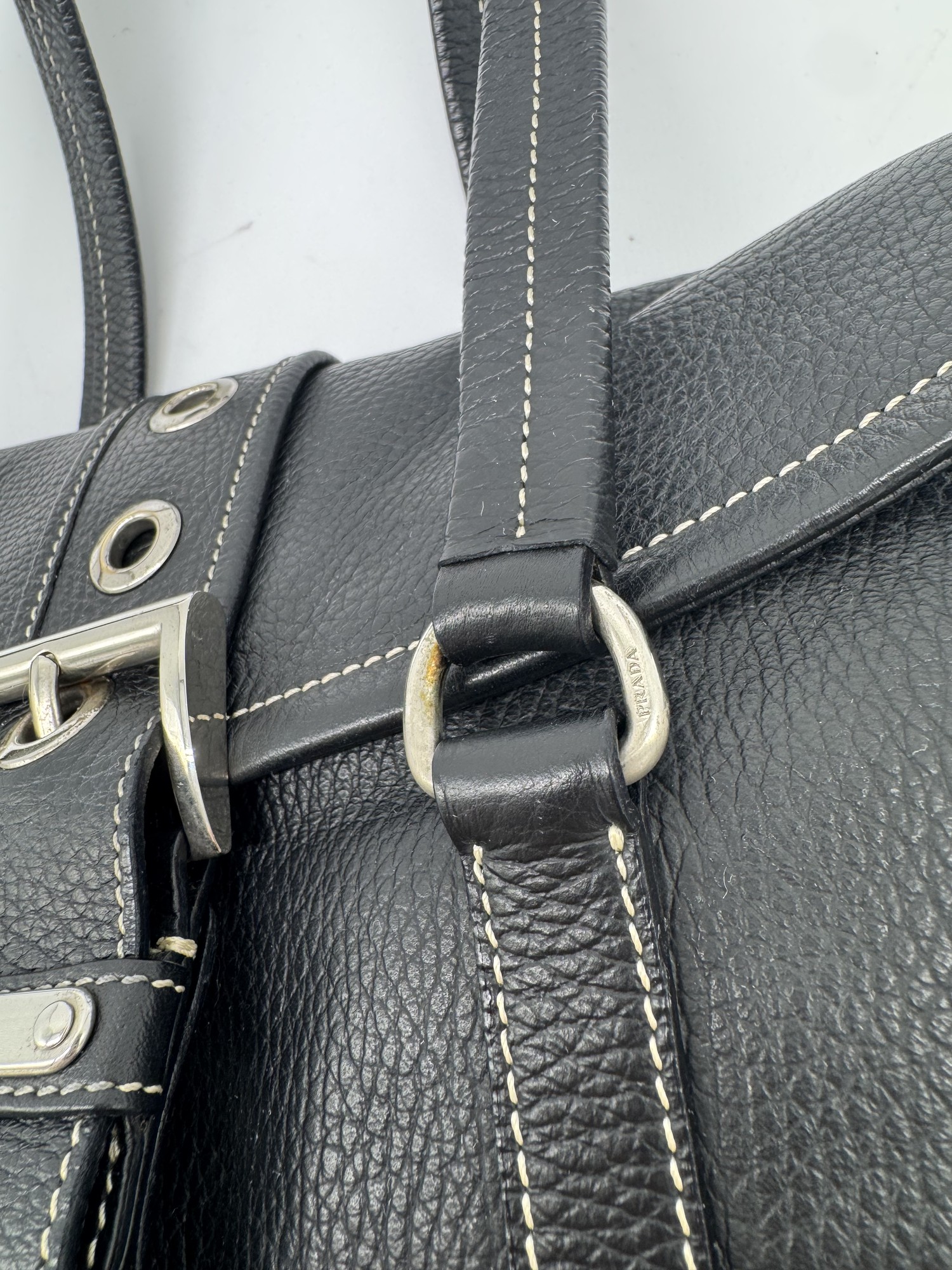 Prada Black Cervo Leather Buckle Grommet Shoulder Bag