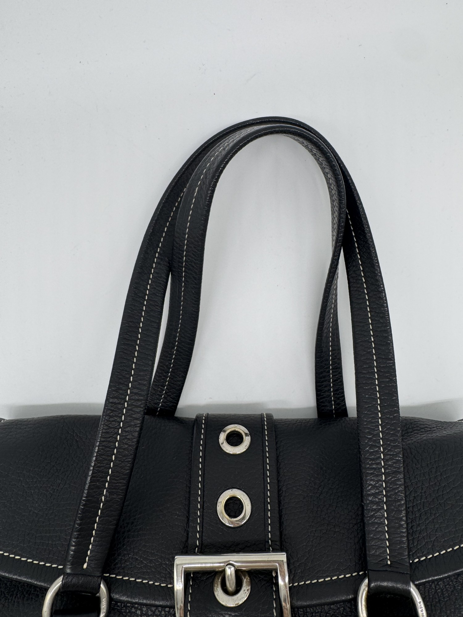 Prada Black Cervo Leather Buckle Grommet Shoulder Bag