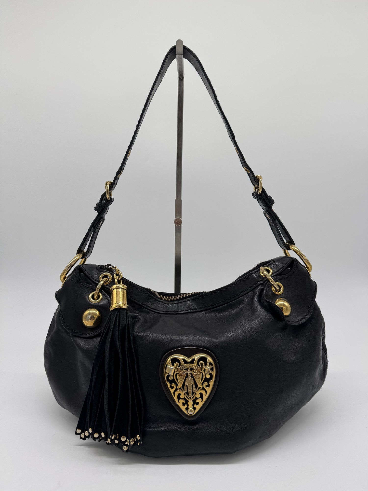 Gucci Babouska Black Leather Heart Hobo Shoulder Bag