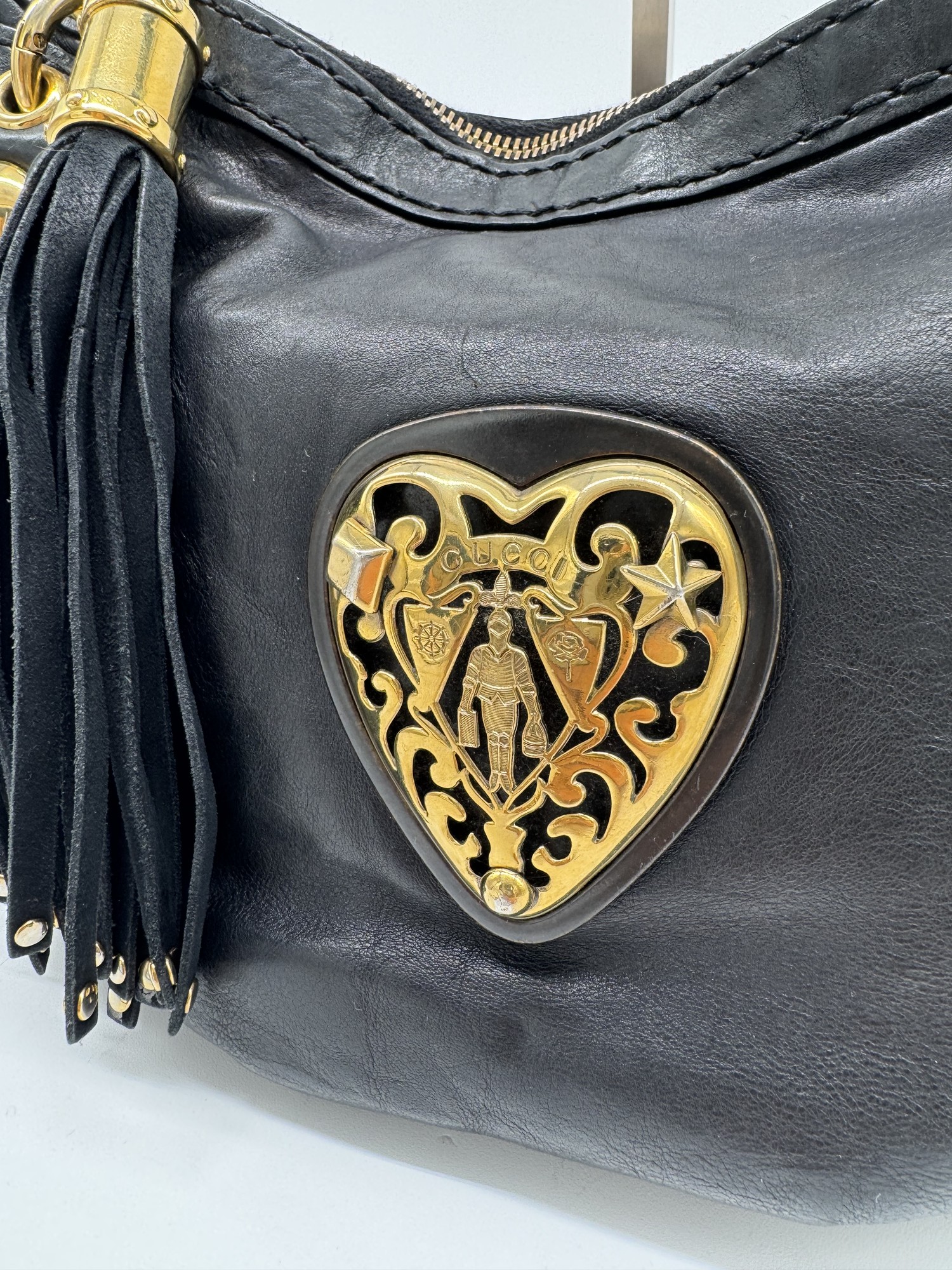 Gucci Babouska Black Leather Heart Hobo Shoulder Bag