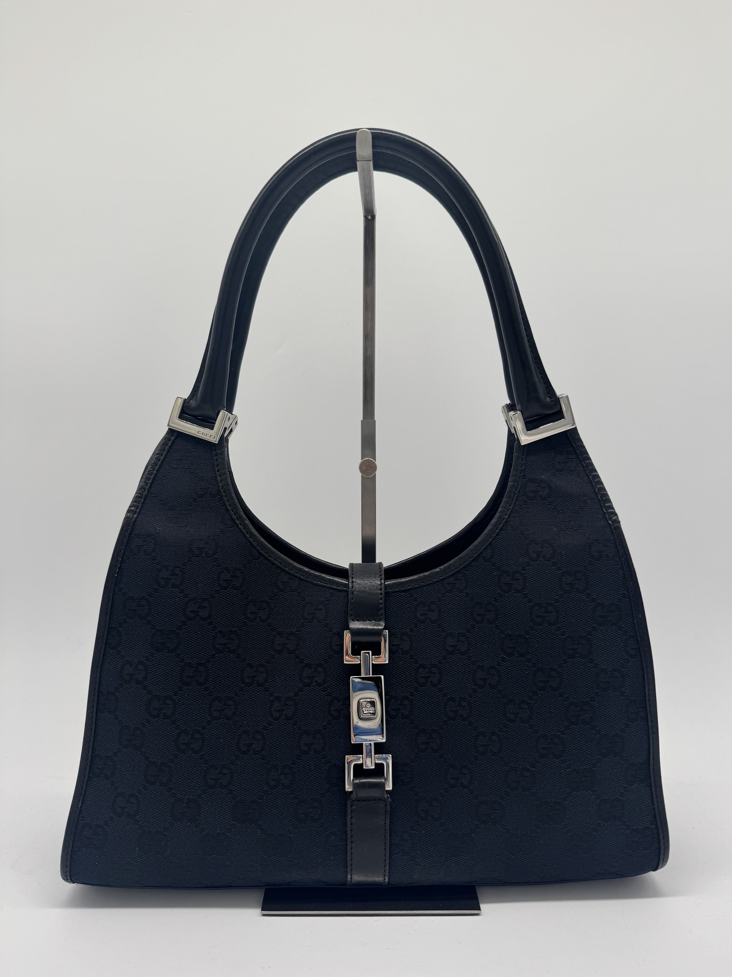 Gucci GG Canvas Jackie Bardot Black Monogram Shoulder Bag