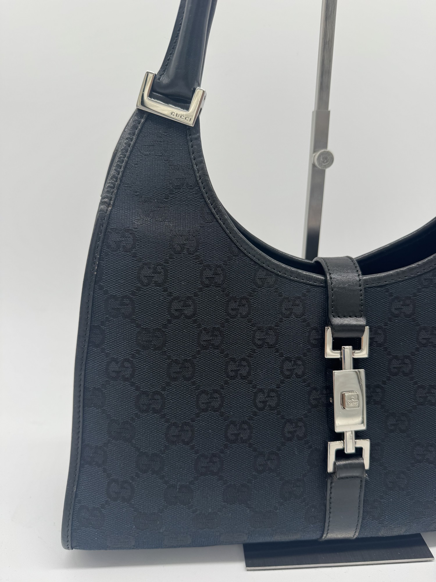 Gucci GG Canvas Jackie Bardot Black Monogram Shoulder Bag