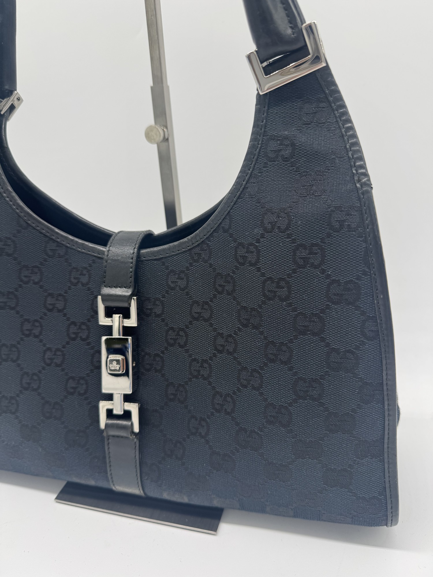 Gucci GG Canvas Jackie Bardot Black Monogram Shoulder Bag