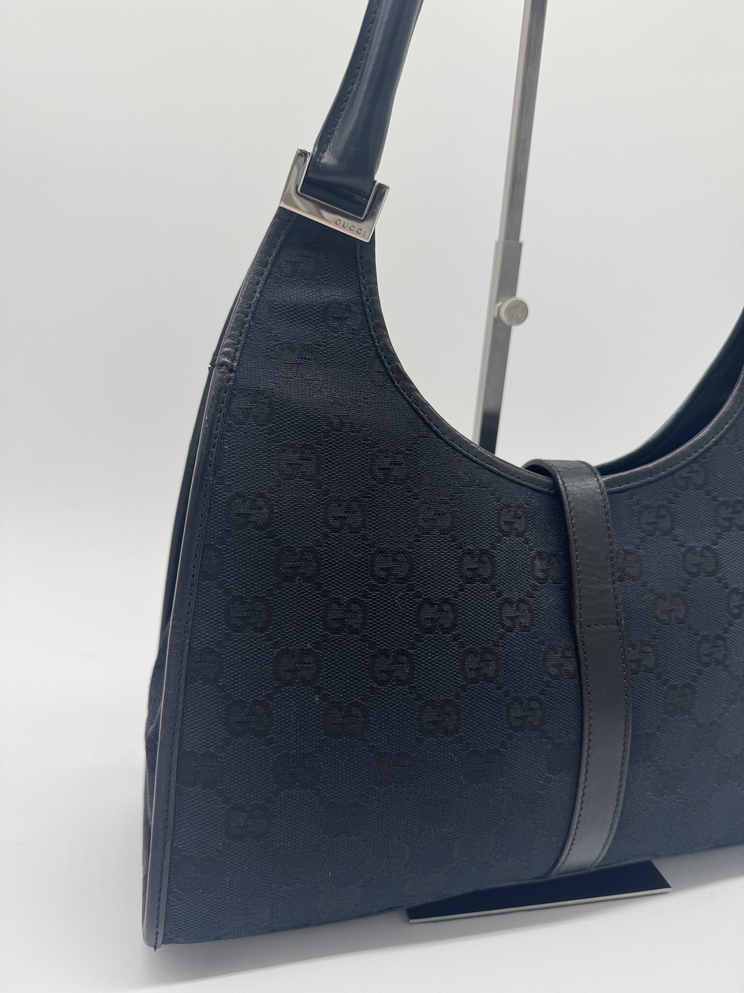 Gucci GG Canvas Jackie Bardot Black Monogram Shoulder Bag