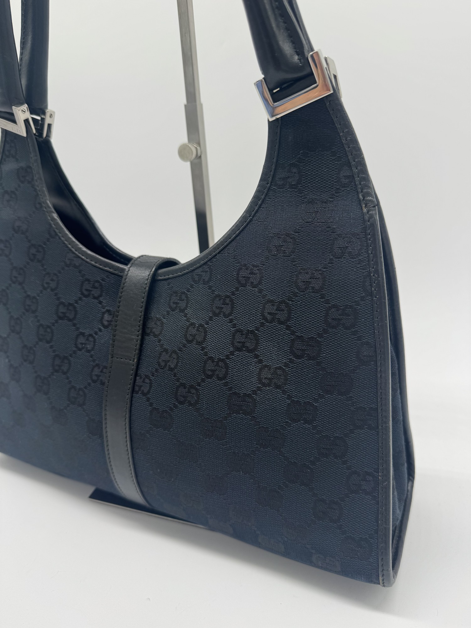 Gucci GG Canvas Jackie Bardot Black Monogram Shoulder Bag