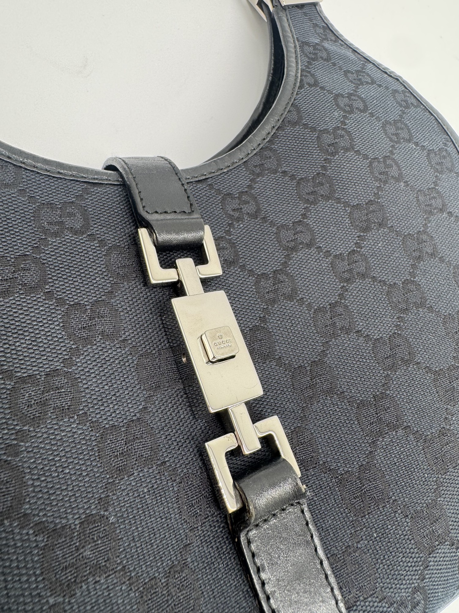 Gucci GG Canvas Jackie Bardot Black Monogram Shoulder Bag